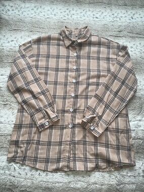 Neutral Tan Plaid Button-Down Shirt